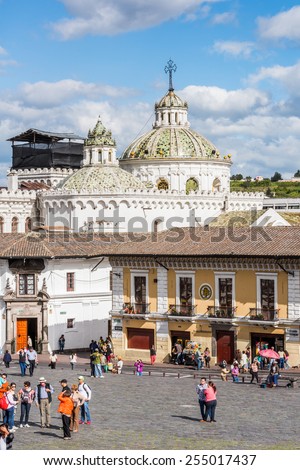QUITO, ECUADOR - JAN 1, 2015: Plaza San Francisco in the historic center of Quito. Historic center of Quito is the first UNESCO WOrld Heritage site