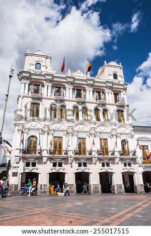 QUITO, ECUADOR - JAN 1, 2015: Architecture of the historic center of Quito. Historic center of Quito is the first UNESCO WOrld Heritage site