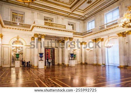 SAINT PETERSBURG, RUSSIA - FEB 24, 2015: Halls of the State Hermitage, a museum of art and culture in Saint Petersburg, Russia. It was founded in 1764 by Catherine the Great