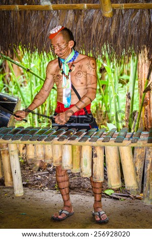 YASUNI, ECUADOR - JAN 4, 2015:  Unidentified Ecuadorian indian makes music. Indigenous indians  are protected by COICA (Coordinator of Indigenous Organizations of the Amazon River Basin)
