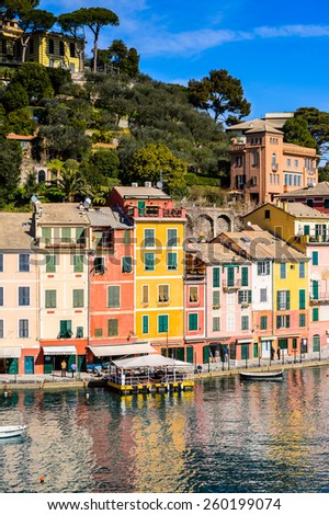 Beautiful houses on the coast of the Ligurian sea in Portofino, Italy
