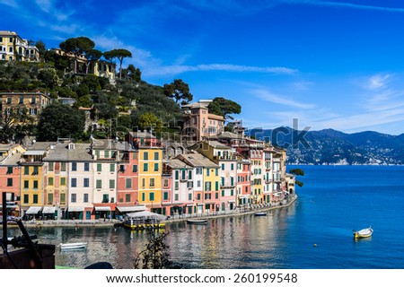 Beautiful houses on the coast of the Ligurian sea in Portofino, Italy