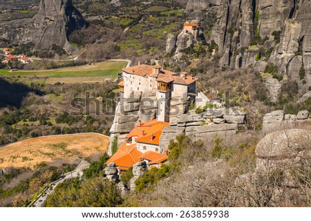 The Holy Monastery of Rousanou in Meteora mountains, Thessaly, Greece.  UNESCO World Heritage List