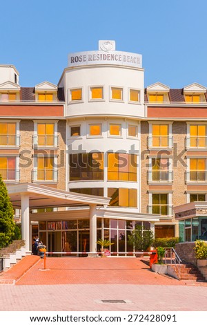 KEMER, TURKEY - APR 15, 2015: Rose residence beach hotel in Kemer, Turkey. Kemer is a popular touristic destination on the Mediterranean sea coast