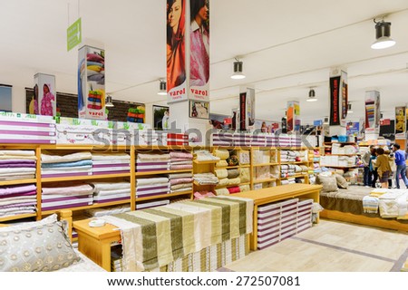 PAMUKKALE, TURKEY - APR 18, 2015: Varol textil factory shop in Turkey. Varol Textile factory was opened in 1969