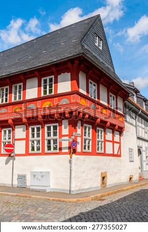 Close view of a house in the Old town of Gorlar, Lower Saxony, Germany. Old town of Goslar is a UNESCO World Heritage