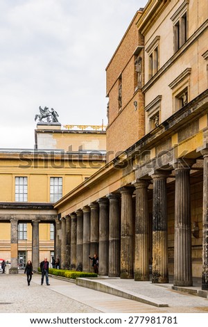 BERLIN, GERMANY - APR 30, 2015: Museum Island which includes Alte Nationalgalerie (Old National Gallery), Altes museum (Old museum), Bode, Pergamon, Neues museum (New museum). UNESCO World Heritage