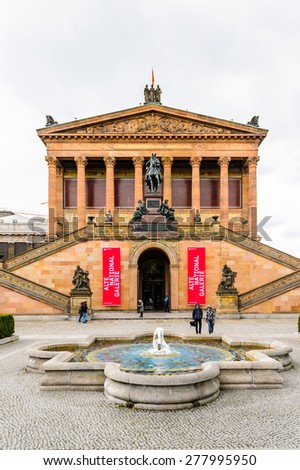 BERLIN, GERMANY - APR 30, 2015: Museum Island which includes Alte Nationalgalerie (Old National Gallery), Altes museum (Old museum), Bode, Pergamon, Neues museum (New museum). UNESCO World Heritage