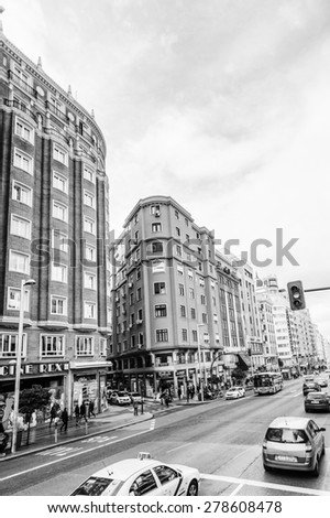 MADRID, SPAIN - JAN 29, 2015: Architecture of the Gran Via avenue (Broadway of Madrid), Madrid, Spain, Madrid is the capital and the largest city of Spain,