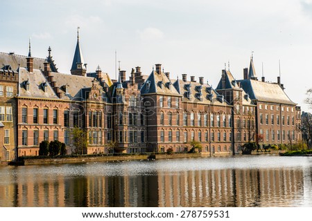 The Ridderzaal in Binnenhof with the Hofvijver lake. Meeting place of States General of the Netherlands, the Ministry of General Affairs and the office of the Prime Minister of Netherlands