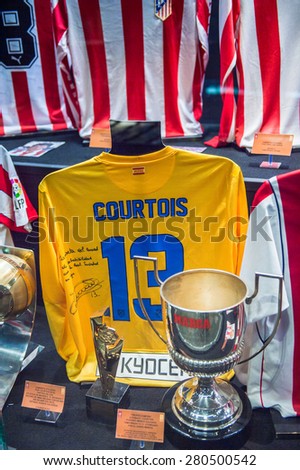 MADRID, SPAIN - FEB 11, 2015: Tibo Courtois in the Museum of the Atletico Madrid at the Vicente Calderon Football Stadium. It\'s the home stadium of La Liga football club Atletico Madrid