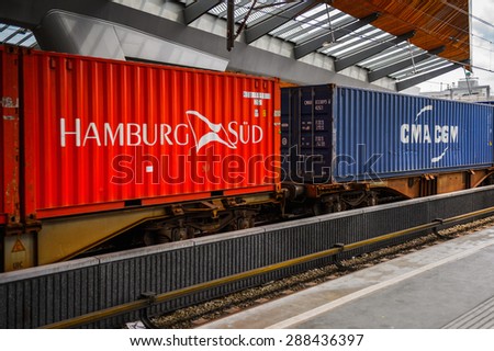 AMSTERDAM, NETHERLANDS - JUN 1, 2015: Train witn Hamburg Sud logo at Amsterdam Bijlmer ArenA metro station. It\'s a  railway station in the Bijlmermeer neighbourhood of the Amsterdam Zuidoost stadsdeel