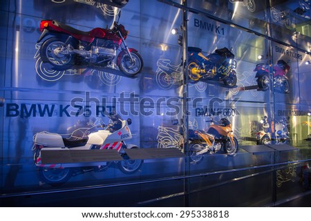 MUNICH, GERMANY - JULY 1, 2015: Classic motorcycles at the BMW Museum, an automobile museum in Munich, Germany. It was established in 1972