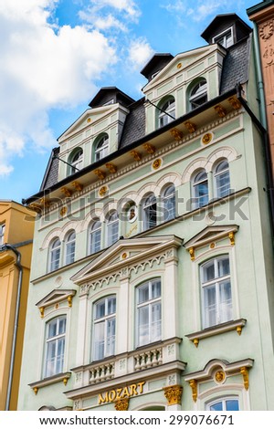 KARLOVY VARY, CZECH REPUBLIC - JUNE 30, 2015: Houses in Karlovy Vary, Czech Republic. It is the most visited spa town in the Czech Republic