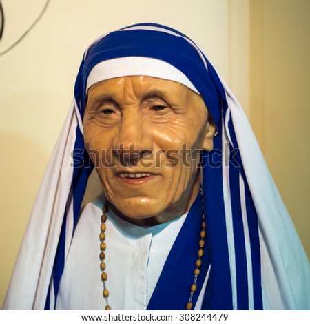 PRAGUE, CZECH REPUBLIC - JUNE 29, 2015: Mother Theresa in the  Madame Tussaud museum in Prague. Madame Tussaud museum is the museum of the wax figures