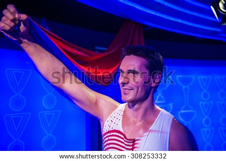 PRAGUE, CZECH REPUBLIC - JUNE 29, 2015: Czech athlete Roman Serbie in the Grevin museum. Grevin is the museum of the wax figures in Prague