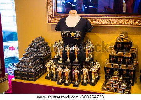 PRAGUE, CZECH REPUBLIC - JUNE 29, 2015: Souvenirs of the Grevin museum. Grevin is the museum of the wax figures in Prague