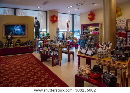 PRAGUE, CZECH REPUBLIC - JUNE 29, 2015: Souvenirs of the Grevin museum. Grevin is the museum of the wax figures in Prague