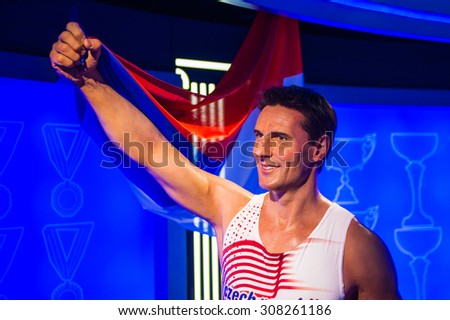 PRAGUE, CZECH REPUBLIC - JUNE 29, 2015: Czech athlete Roman Serbie in the Grevin museum. Grevin is the museum of the wax figures in Prague