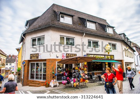 RUDESHEIM, GERMANY - JUNE 10, 2015: Architecture of Rudesheim, Germany. Rudesheim is a winemaking town in the Rhine Gorge and thereby part of the UNESCO World Heritage Site