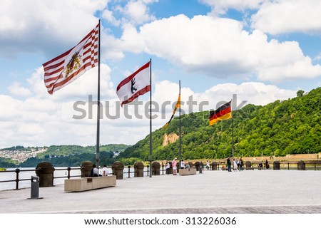 KOBLENZ, GERMANY - JUNE 10, 2015: Deutsches Eck (German Corner) of Koblenz, a German city situated on both banks of the Rhine