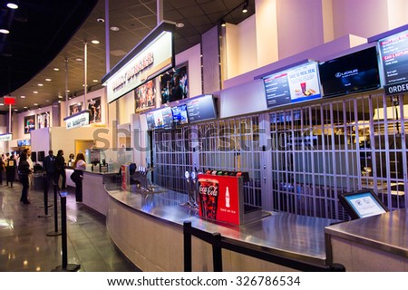 NEW YORK, USA - OCT 8, 2015: Food court at the Madison Square Garden, New York City. MSG is the arena for basketball, ice hockey, pro wrestling, concerts and boxing.