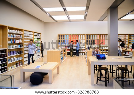 SAN FRANCISCO, USA - OCT 5, 2015: Unidentified people in Apple store in San Francisco. Apple Inc. is an American multinational technology company in Cupertino, California