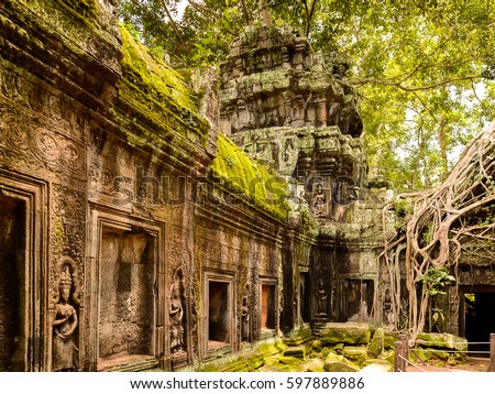 Tree roots over the Ta Prohm (Rajavihara), a temple at Angkor, Province, Cambodia. It was founded by the Khmer King Jayavarman VII as a Mahayana Buddhist monastery and university. Imagine de stoc © 