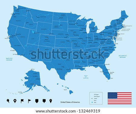 Map of USA in blue color. Vector illustration.