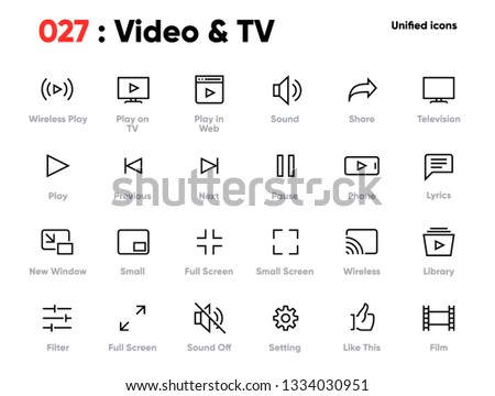Set of Video and TV Line Unified Icons. Includes Player, Sound, Television, Film and other. Pixel Perfect. Editable Stroke.