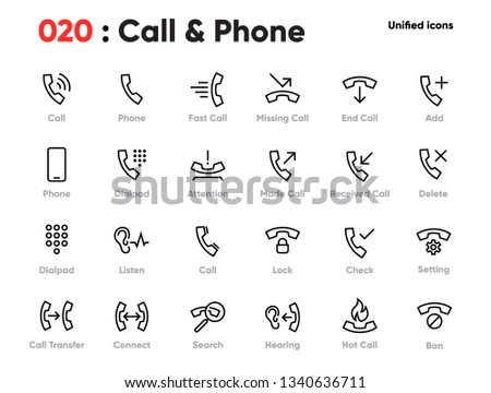 Set of Call and Phone Line Unified Icons. Includes Received, Fast Call, Dialpad, Lock, Connect, Listen and other. Pixel Perfect. Editable Stroke.