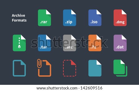 Set of Archive File Formats and Labels icons. Vector illustration.