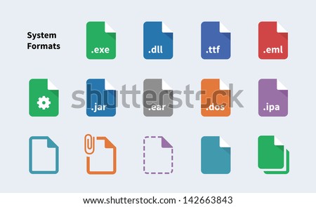 Set of System File Formats and Labels icons. Vector illustration.