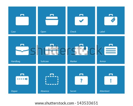 Case icons variants of briefcase on blue background. Vector illustration.