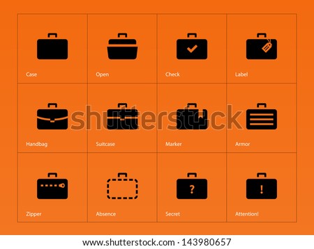 Case icons variants of briefcase on orange background. Vector illustration.