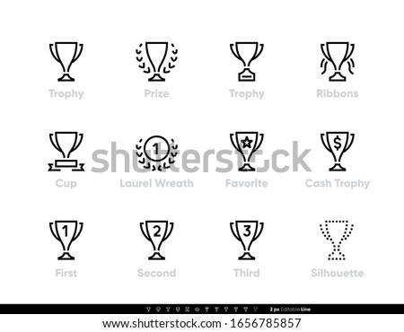 Trophy Cup icons vector set. Awards with Ribbons. Editable line set on white background