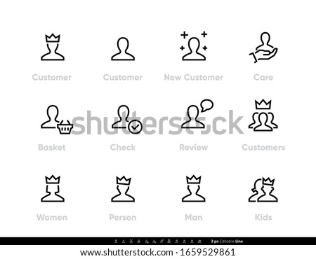 Customer icons, New Buyer with Crown vector pictogram. User and Account. Editable line set on white background