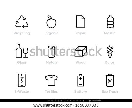 Recycling vector icons. Sorting Garbage, Reclamation, Trash Types. Editable line set on white background
