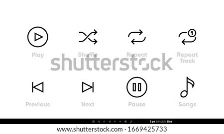 Songs and Music Control UI icons. Play, Shuffle, Repeat Track, Next, Previous and Pause vector set. Editable line vector on white background