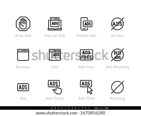 Ads Blocking, Ad Ban, Remove Advertisement logo vector icons. Editable line set on white background