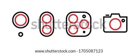 Set of one, dual, three lenses and a camera icons. Editable line vector. Digital photo lens module with different lenses for zoom, portrait, macro, vario shooting and camera. Group pictogram.