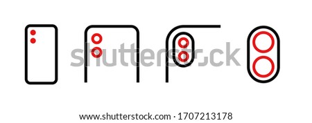 Set of module dual camera different scale icons. Editable line vector. Stylized gadget with a dual red digital camera, zoom, vario, close-up lens. Group pictogram.