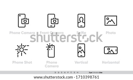 Phone Camera, Front and Back Lens icon set. Selfie, Shot, Vertical, Horizontal Photo. Editable Line vector on white background