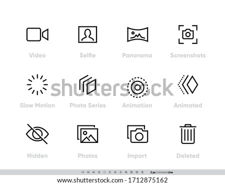 Media Files vector icon set. Camera And Photography set with Selfie, Panorama, Screenshots, Slow Motion, Photo, Series, Animation, Animated, Hidden Photos, Import and Delete Line icons for Photo App