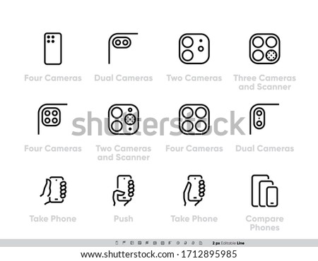 Phone Multi-camera Systems icons set. Ultra Wide, Wide, Telephoto Cameras, Scanner, AR, Lidar, Smartphone in Hand, Finger Push, Compare Phones with Dual, Thee, Four Lenses. Editable Outline vector on