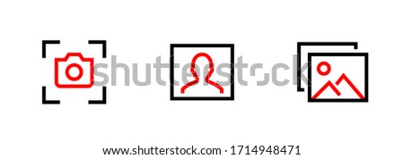 Set of Screenshots, Selfie and Photos Media Types icons. Editable line vector. Stylized camera sign in viewfinder frame, silhouette man in rectangle, nature landscape image red color. Group pictogram.