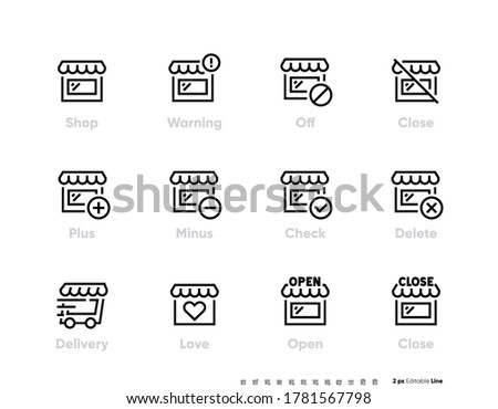 Marketplace or Shop icon. Open, Closed and other Shop Statuses. Store editable line vector illustration set