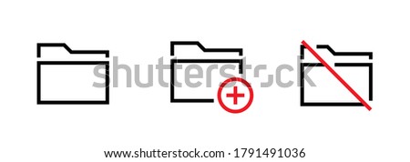Mini set flat linear icons folders. Editable vector stroke. Add or cancel folder. Three folder with sign plus, slash in black and red colors isolated on white background.