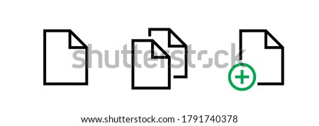 Set with three linear icons document in flat style. Editable line vector. Document sign. Linear symbol doc, file, doc on doc, doc plus with bent corners isolated on white backdrop.