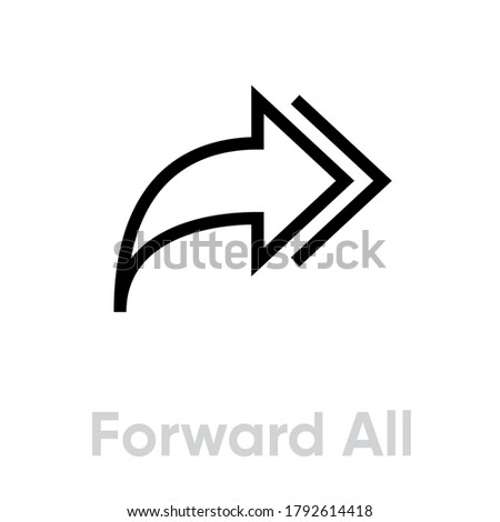 Forward all linear badge. Editable vector outline. Single pictogram. Send to everyone sign. Flat icon double arrow pointing to the right isolated on white background.